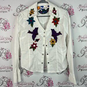 Razzle dazzle button up collared White Floral Embroidered Button-Down Shirt